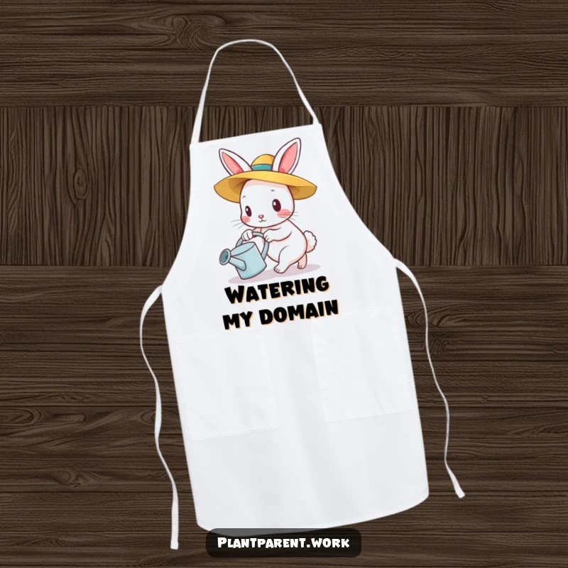 Funny bunny gardener apron, a determined bunny in a straw hat pushing a watering can, kitchen and garden wear.