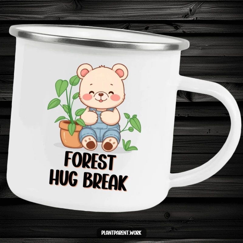 Funny bear cub gardener camping mug, a happy bear cub in overalls cuddling a large potted plant, for adventures.