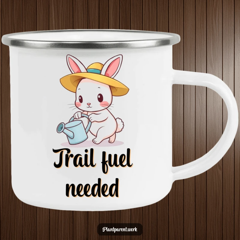 Funny bunny gardener camping mug, a determined bunny in a straw hat pushing a watering can, for outdoor use.