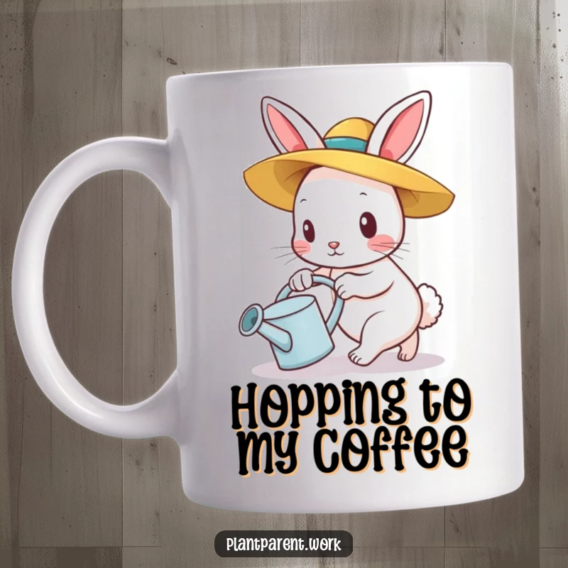 Funny bunny gardener mug, a determined bunny in a straw hat pushing a watering can, spring gardening humor.