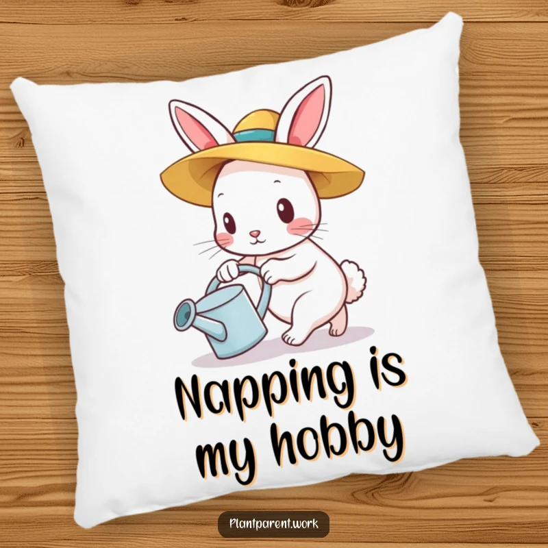 Funny bunny gardener pillow, a determined bunny in a straw hat pushing a watering can, soft and humorous.