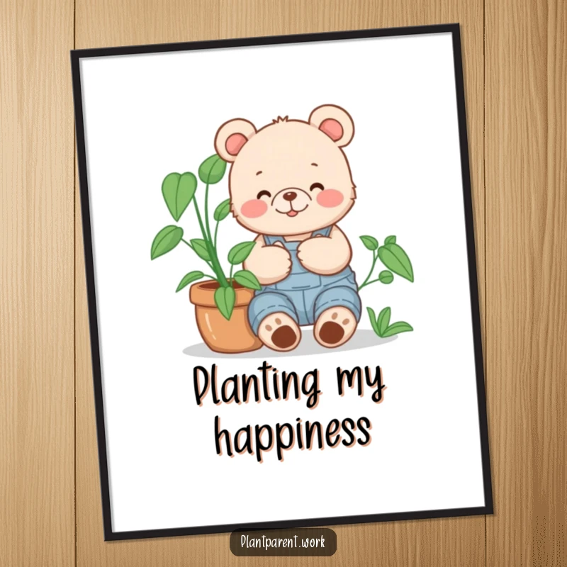 Funny bear cub gardener digital art print, a happy bear cub in overalls cuddling a large potted plant, instant download.