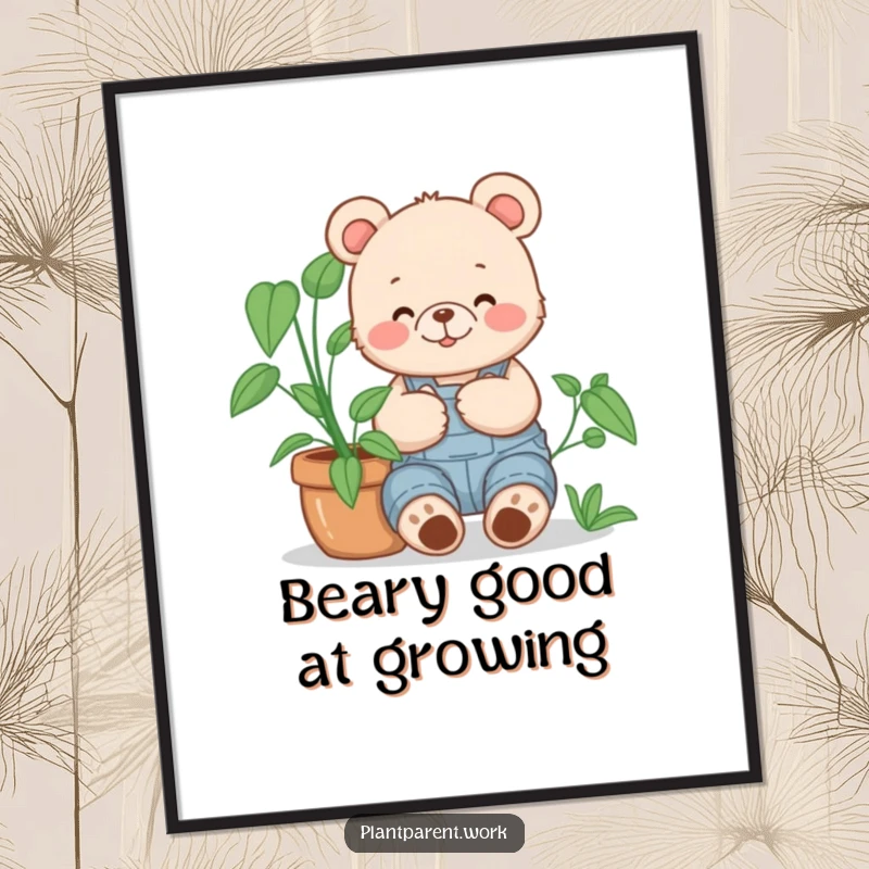 Funny Free Printable Wall Art: Happy bear cub in overalls cuddles a large potted plant, adorable and funny decor.