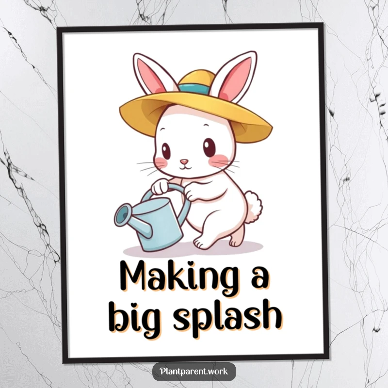 Funny Free Printable Wall Art: Determined bunny in straw hat pushes watering can, whimsical farm-themed art for your wall.
