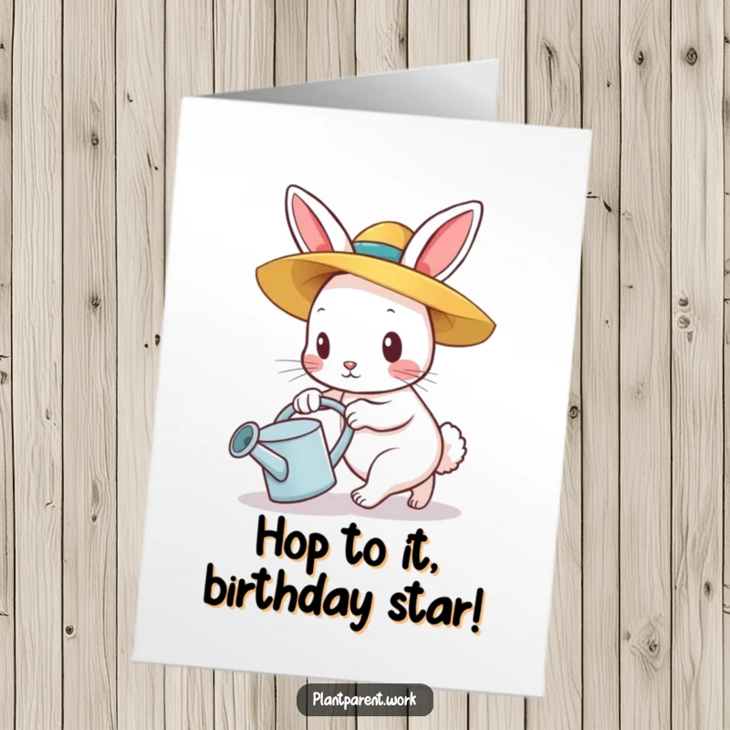 Funny Free Printable Birthday Card: Determined bunny in straw hat pushing watering can, ready to celebrate with a splash.