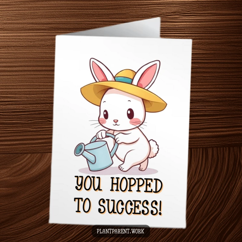 Funny Free Printable Congrats Card: Determined bunny in straw hat pushing watering can, celebrating new beginnings.