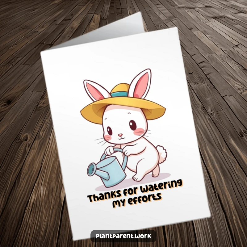 Funny Free Printable Thank You Card: Determined bunny in straw hat pushing watering can, a helpful gesture.