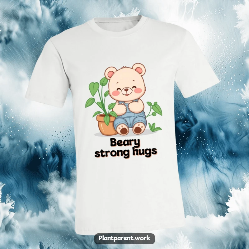 Funny bear cub gardener t-shirt, a happy bear cub in overalls cuddling a large potted plant, nature-themed apparel.
